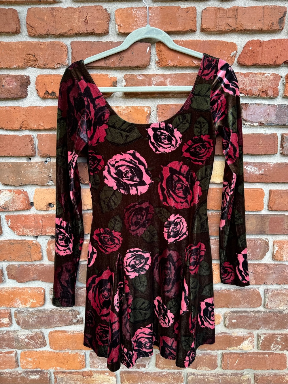 Betsey Johnson Velvet Brown Pink Roses Skater Pink Patch Label Mini Dress S
